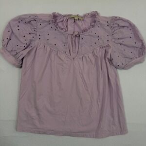 Loft Lavender Purple Cotton Eyelet Puff Sleeve Tie Neck Top Medium Shirt